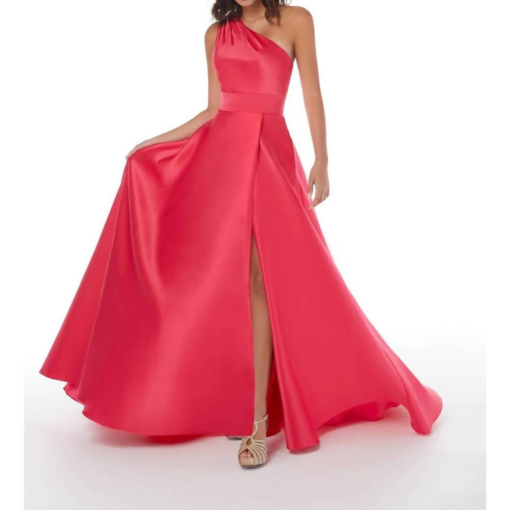 NEW HOUSE OF WU one shoulder pleated gown in fuchsia